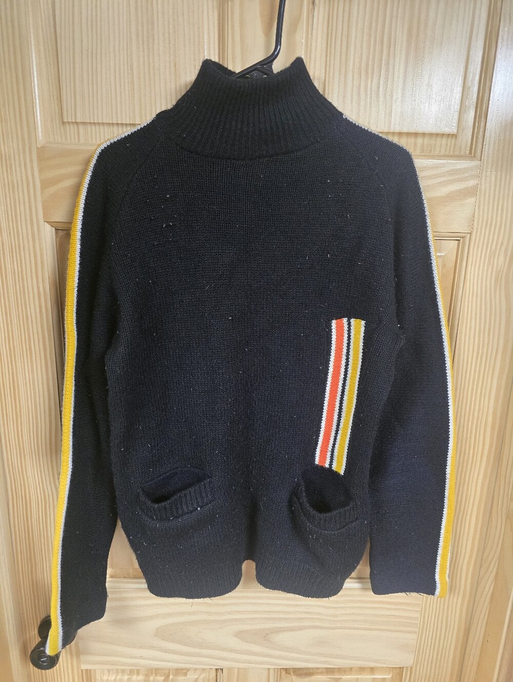 Men's Black Turtleneck Sweater with Contrast Stripe Detail